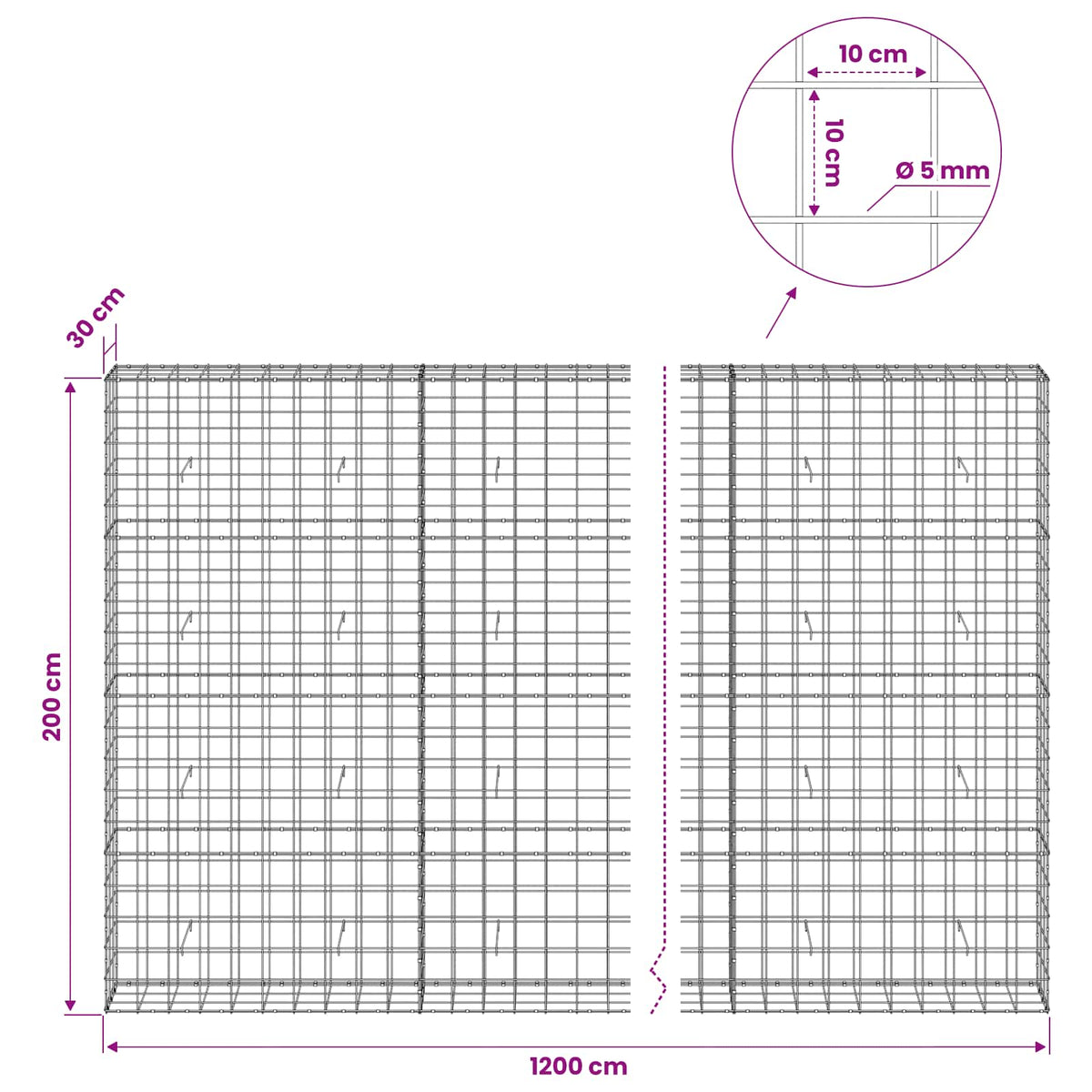 Gabion s žicom debljine 5 mm i mrežom 10x10 cm 1200x30x200 cm