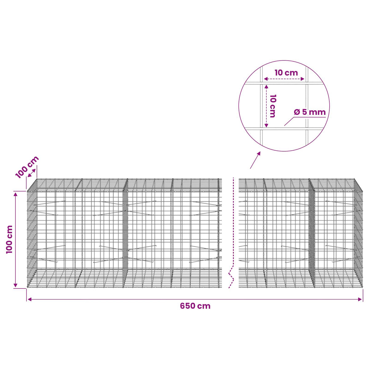 Gabion s žicom debljine 5 mm i mrežom 10x10 cm 650x100x100 cm
