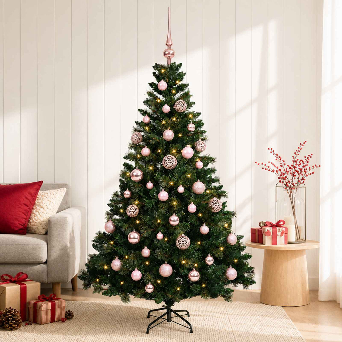 Umjetno božićno drvce s kuglicama 120 cm 150 LED lampica