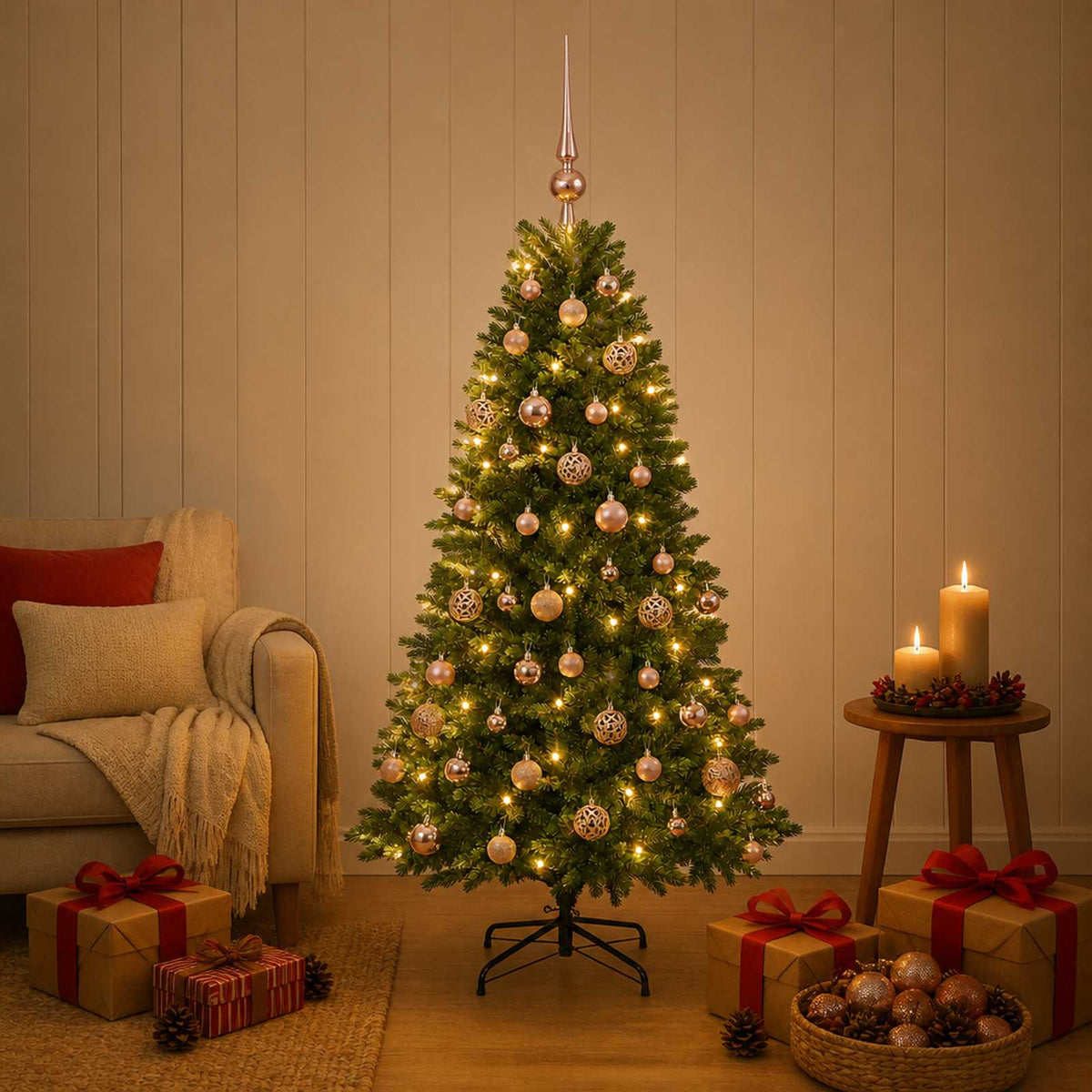 Umjetno božićno drvce s kuglicama 120 cm 150 LED lampica