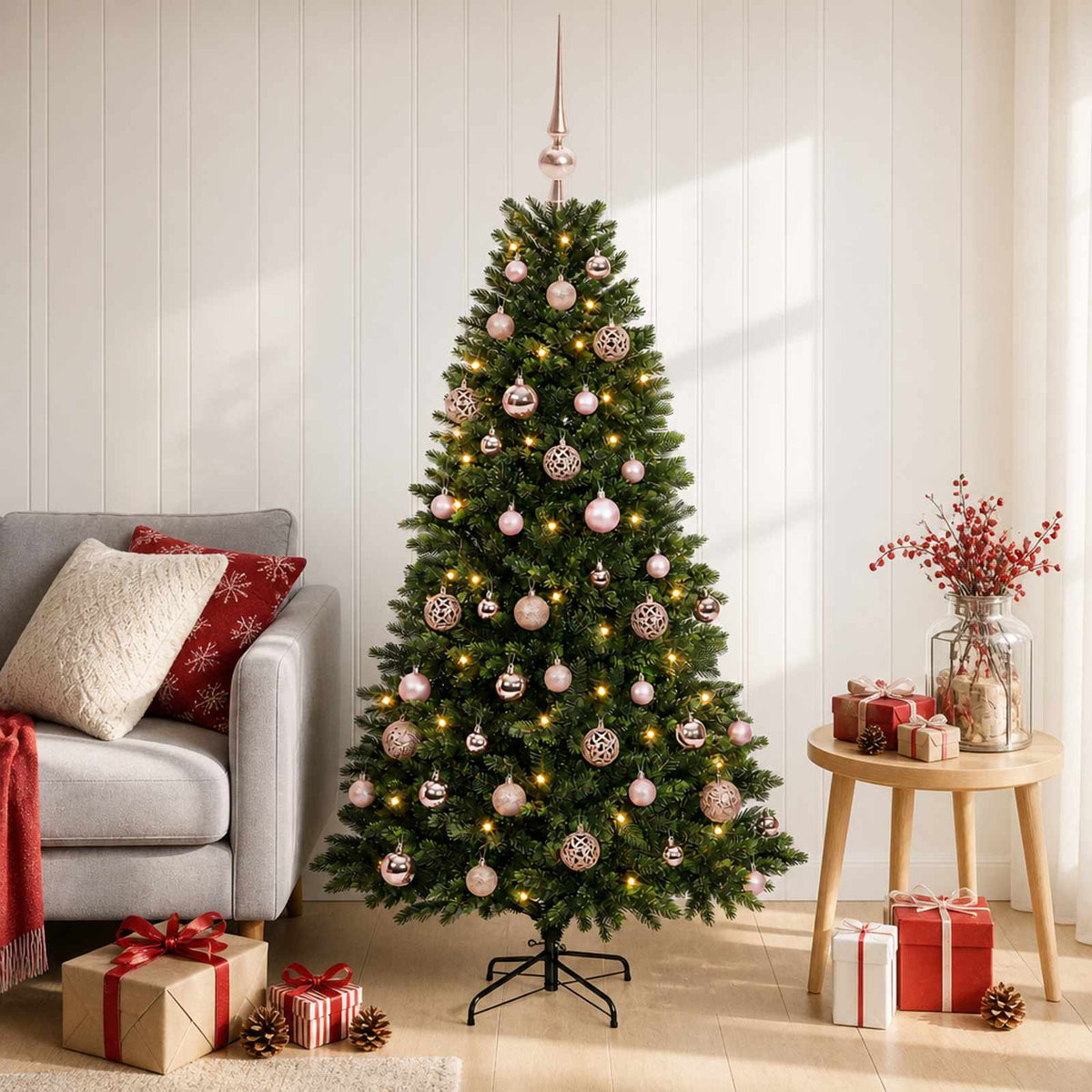 Umjetno božićno drvce s kuglicama 120 cm 150 LED lampica