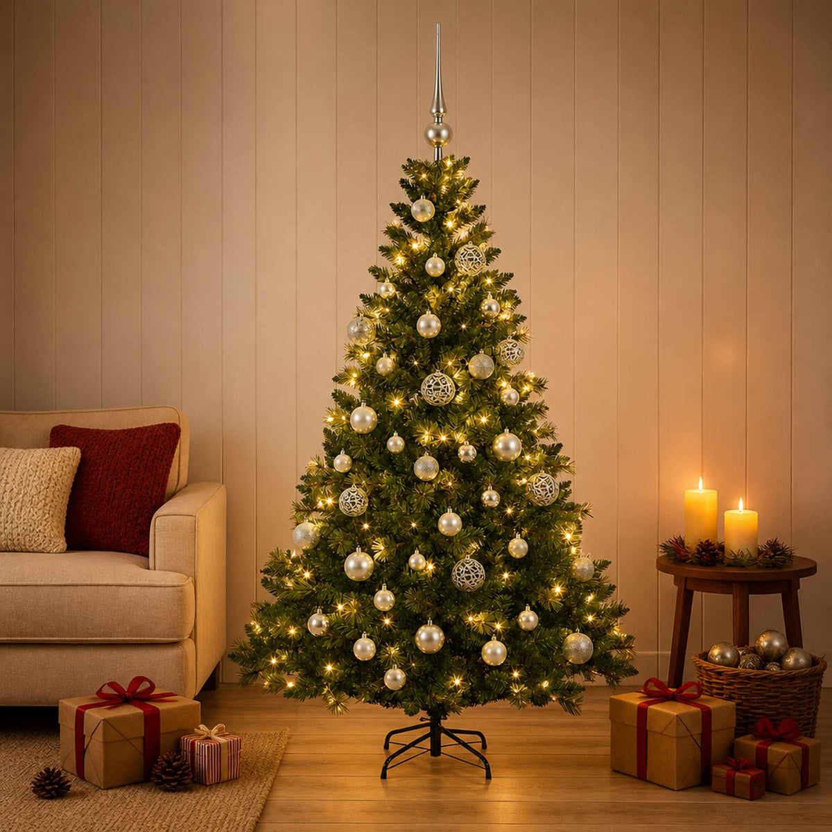 Umjetno božićno drvce s kuglicama 120 cm 150 LED lampica