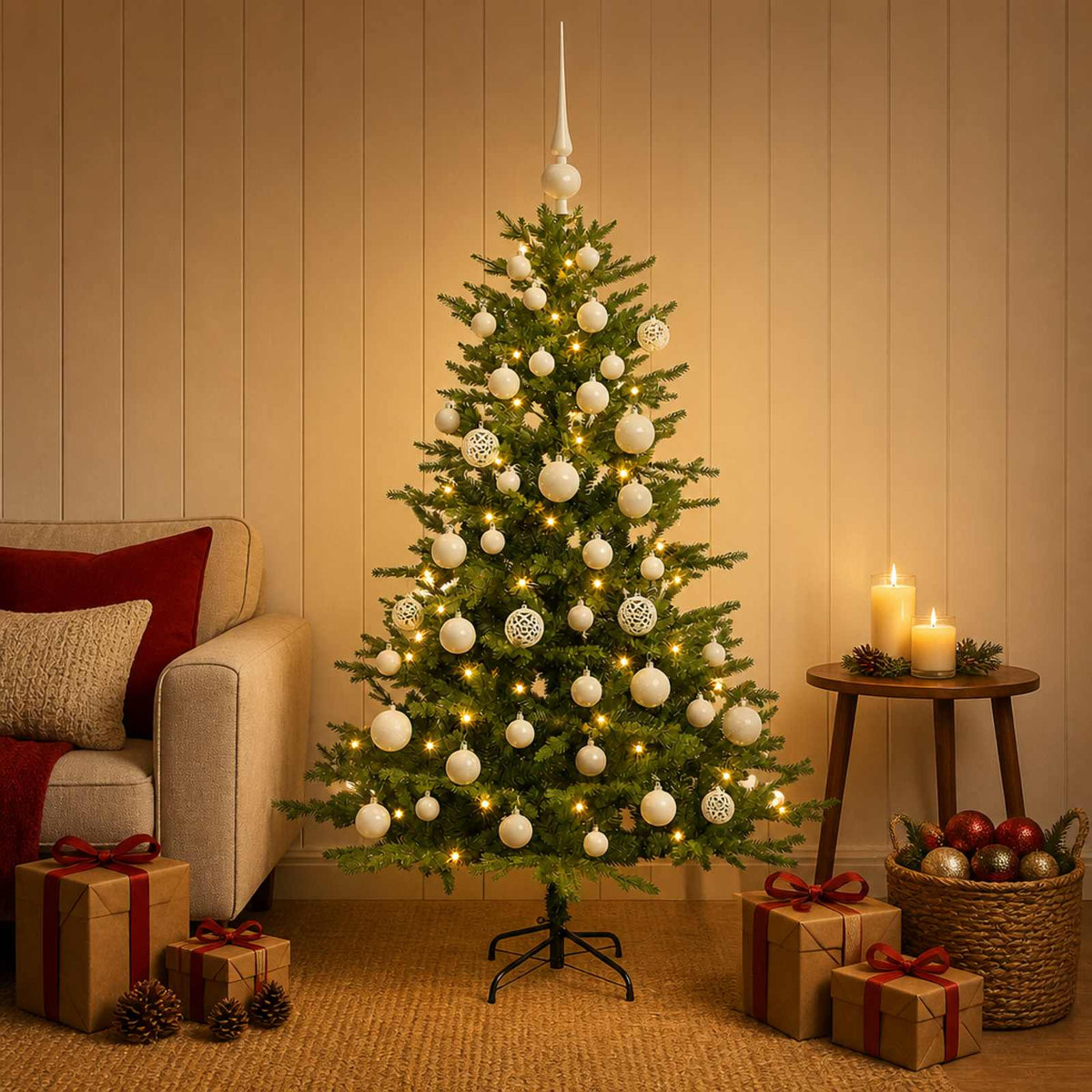 Umjetno božićno drvce s kuglicama 150 cm 150 LED lampica