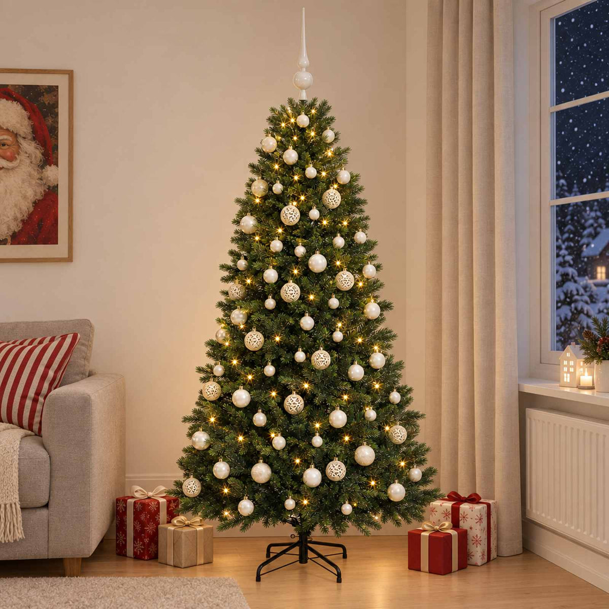 Umjetno božićno drvce s kuglicama 210 cm 300 LED lampica