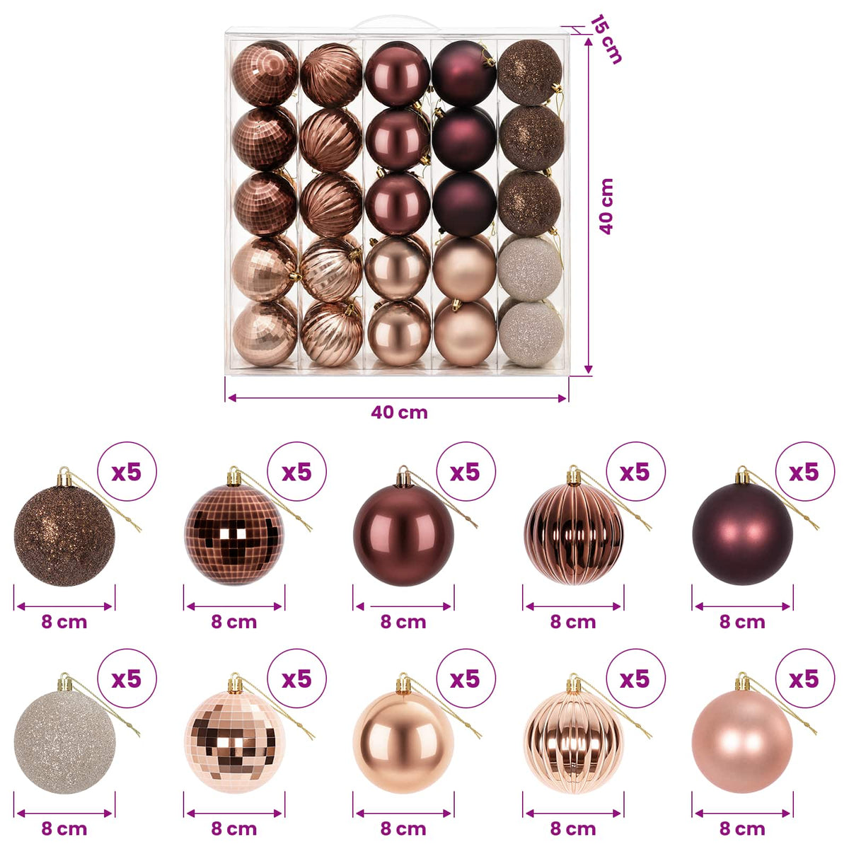 Set božićnih kuglica 50 kom. Boja šampanjca i smeđa 8 cm