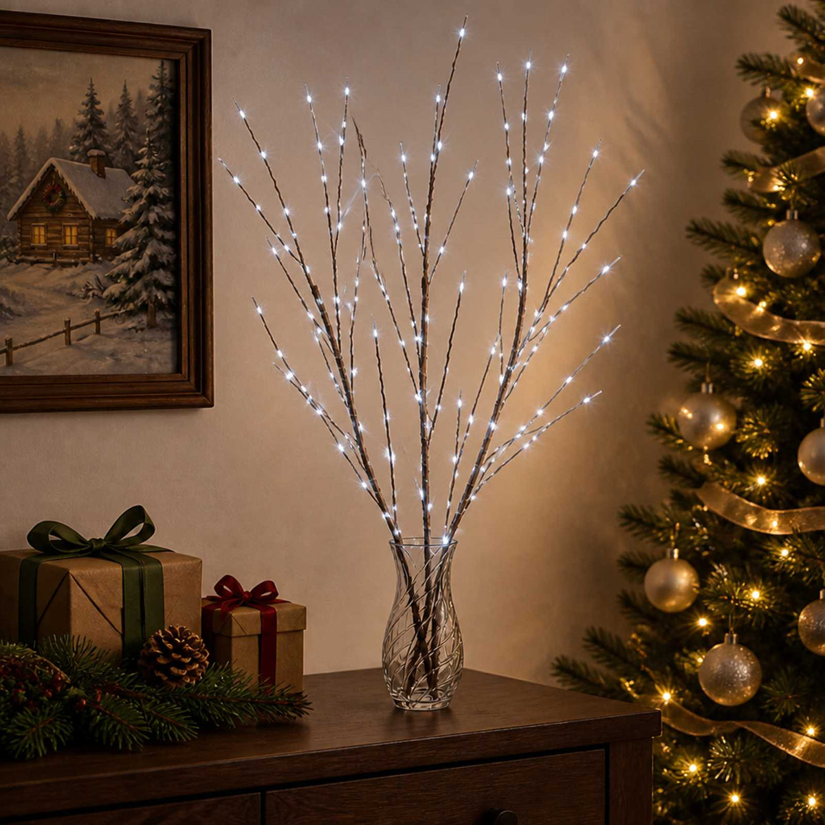LED bakrena ukrasna božićna grana 3 kom. Smeđa 62 cm Čelik
