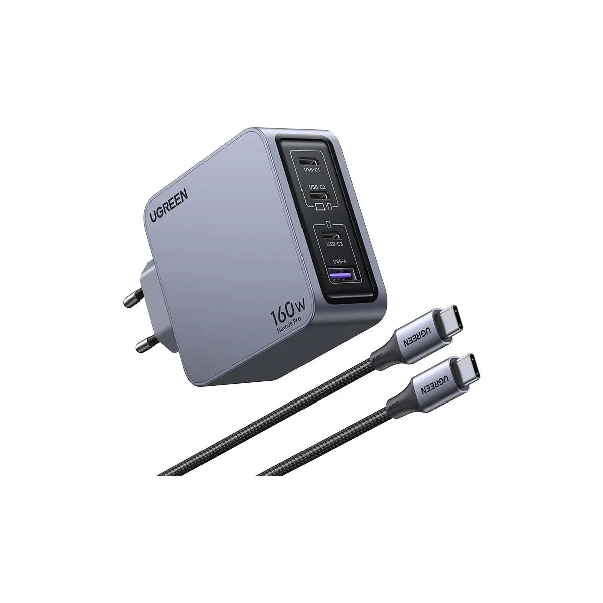 Ugreen Nexode Pro 160W GaN Charger with USB-C Cable Univerzalno Crno, Sivo AC Brzo punjenje U zatvorenom