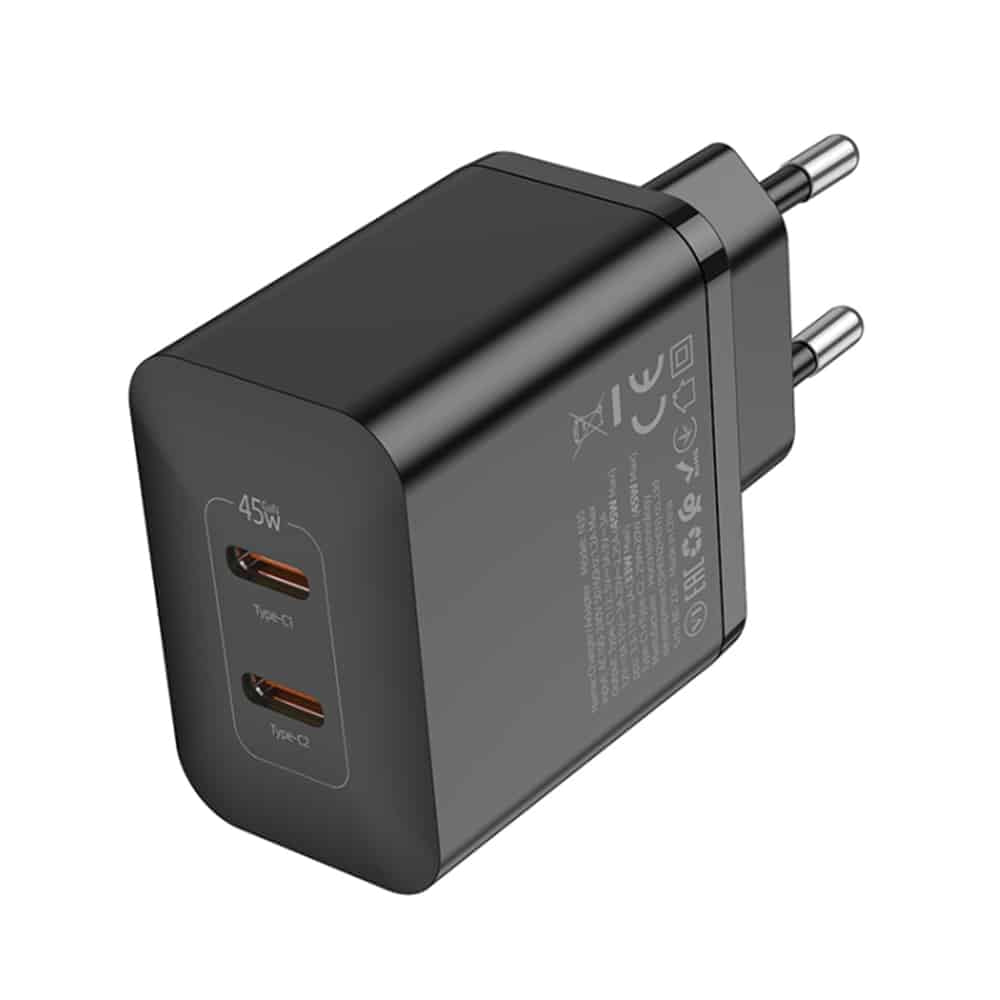 Hoco - Zidni punjač Streamer (N35) - Dual Port 2x Type-C PD45W - crni