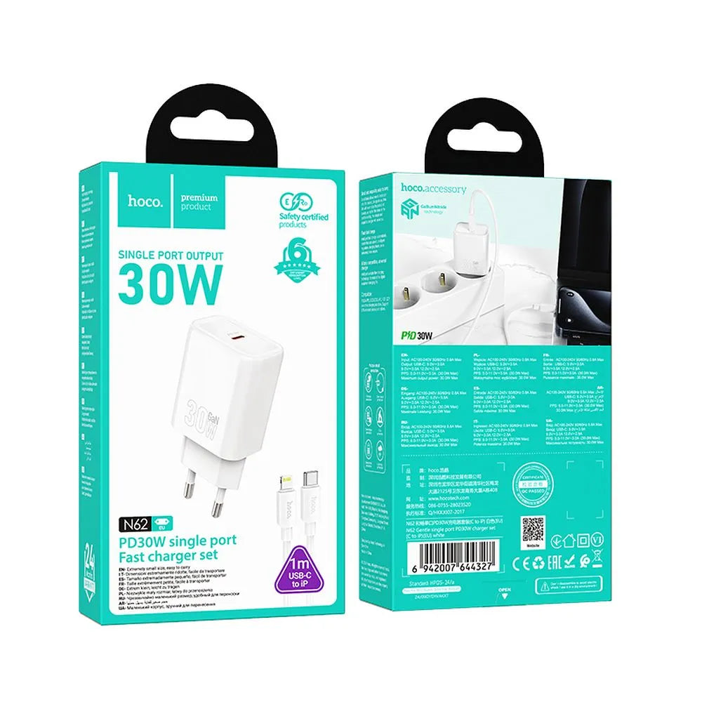Hoco USB-C QC PD 30W zidni punjač za telefon + USB C na Lightning kabel N62 bijeli