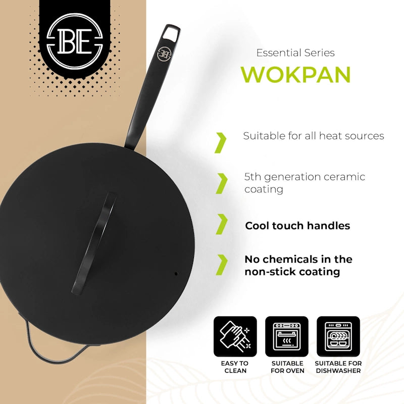 BE Living Wok tava s poklopcem Essential Black 30 cm