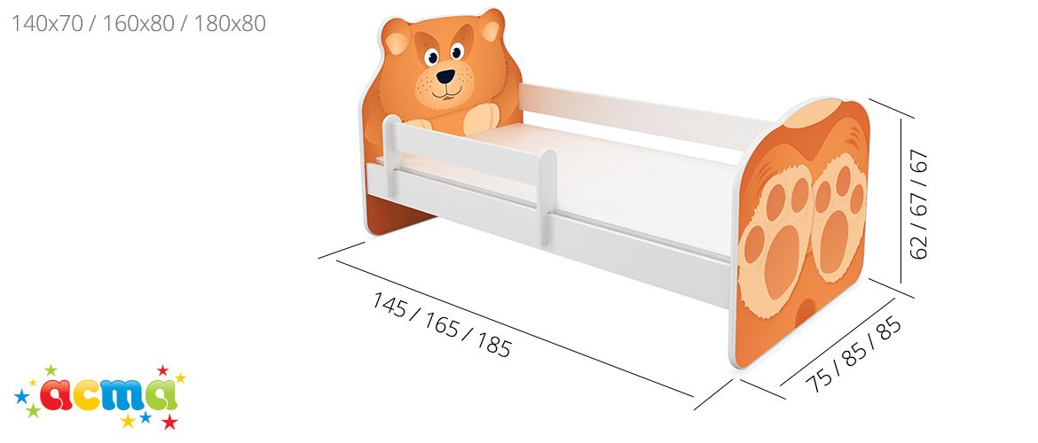 Dječji krevet ACMA Animals, bočna bijela + ladica 160x80 cm