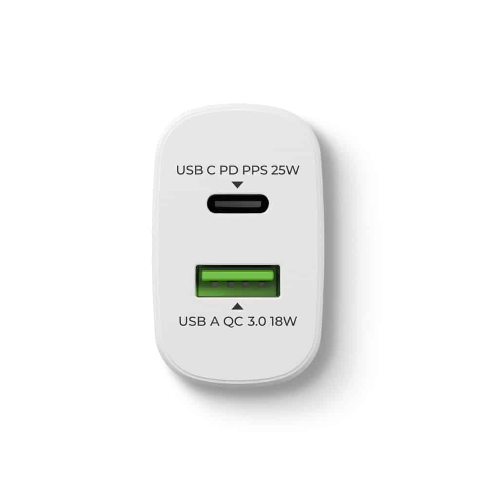 Prio Fast Charge zidni punjač 25W PD PPS (USB C)+QC 3.0 (USB A) bijeli
