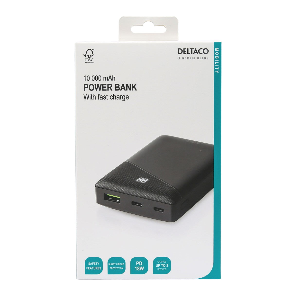DELTACO power bank 10 000 mAh, 1x USB-C PD, 1x USB-A Brzo punjenje
