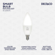 DELTACO SMART HOME LED žarulja, E14, WiFI 2.4GHz, 5W, 470lm, dim, 2700K-6000K, 220-240V,BIJELA