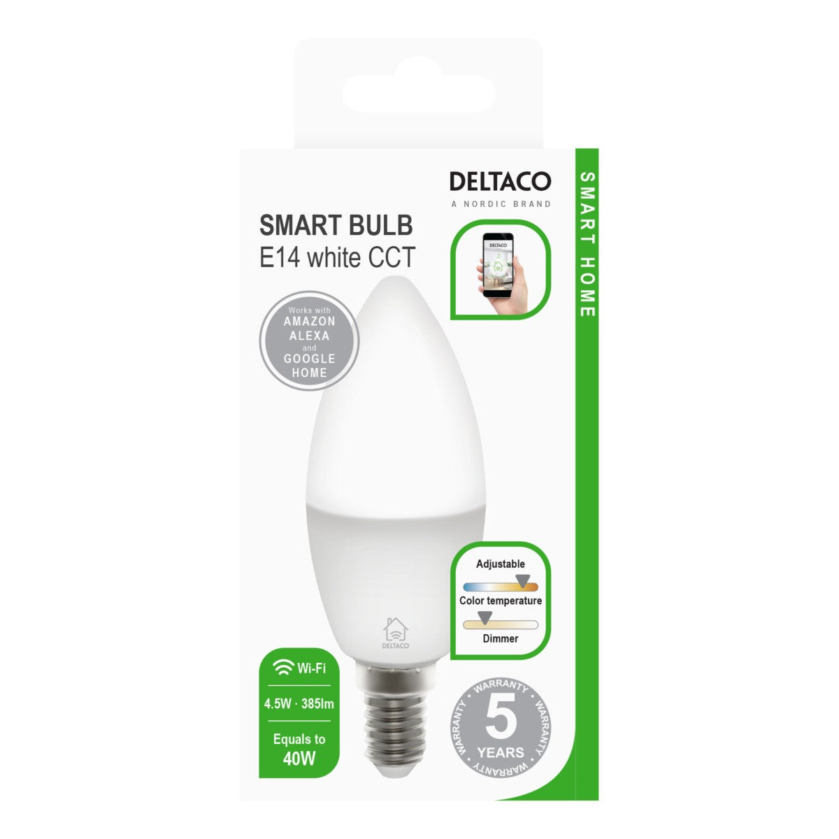 DELTACO SMART HOME LED žarulja, E14, WiFI 2.4GHz, 5W, 470lm, dim, 2700K-6000K, 220-240V,BIJELA