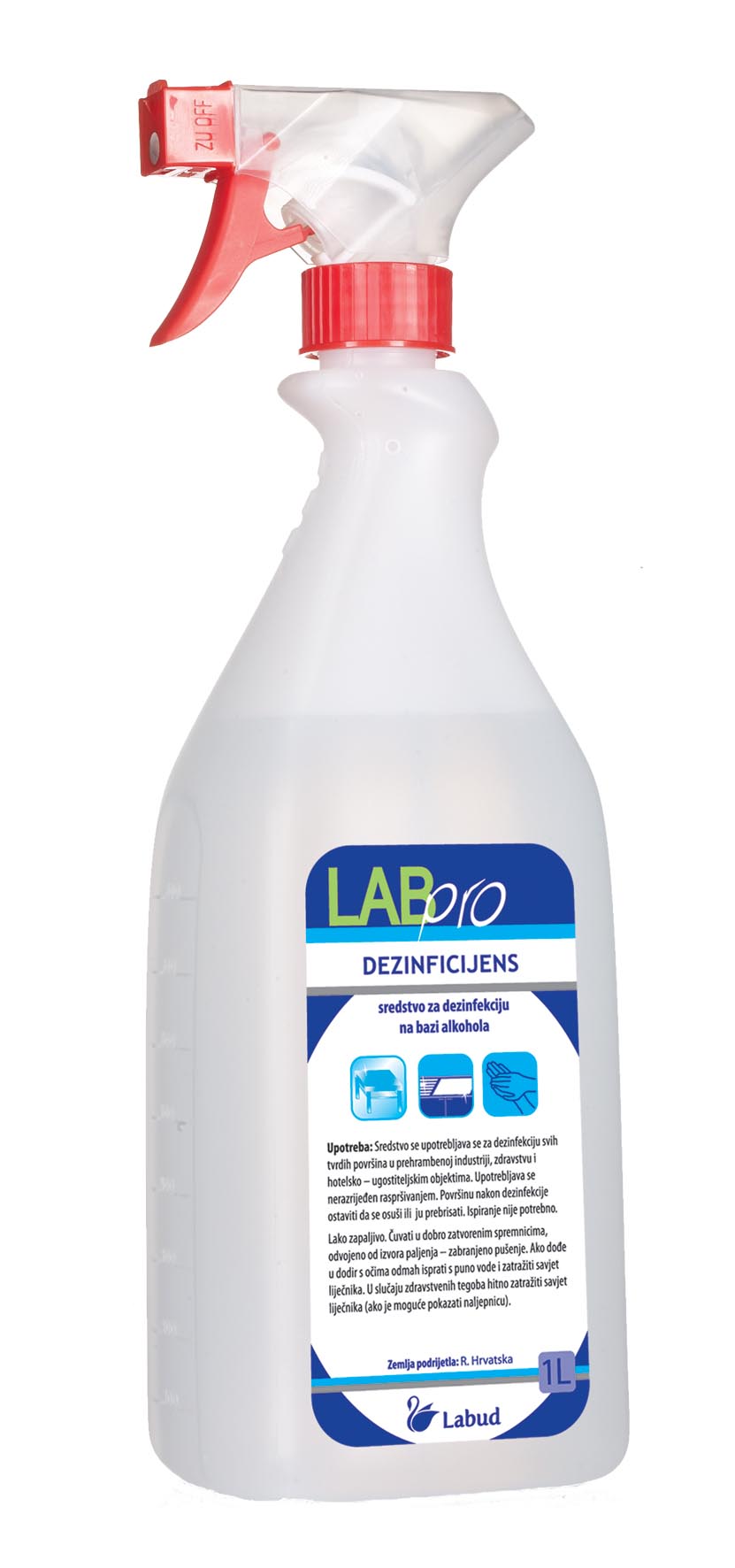 Sredstvo za dezinfekcijo površin Labpro razkužilo 1L s pršilom.