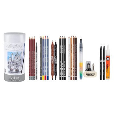 Umjetnički kpl Cretacolor urban sketching (grafitne olovke, bojice aquarel marino, kist, šiljilo)