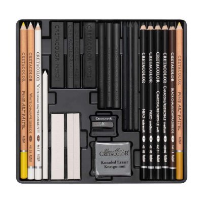 Umjetnički kpl Cretacolor wolf paket 25 kom u metalnoj kutiji (bijele pastele, art pastel, nero štapići, ugljen, pribor)