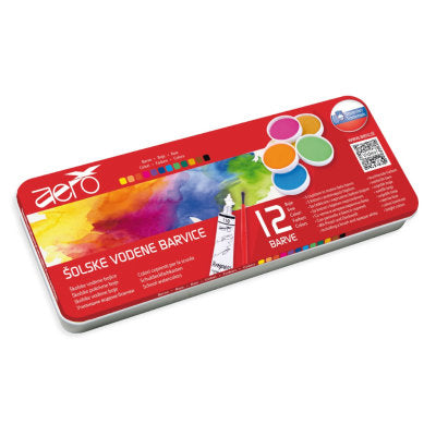 Boje vodene Aero 30mm, 12 kom u limenoj kutiji, drvena četkica i bijela tempera