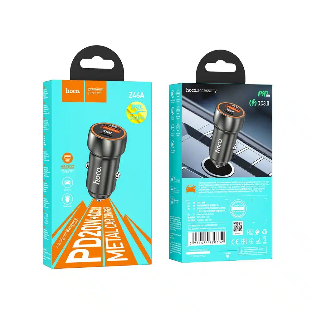 HOCO auto punjač Type C + USB QC3.0 Power Delivery 20W Z46A metalno sivi