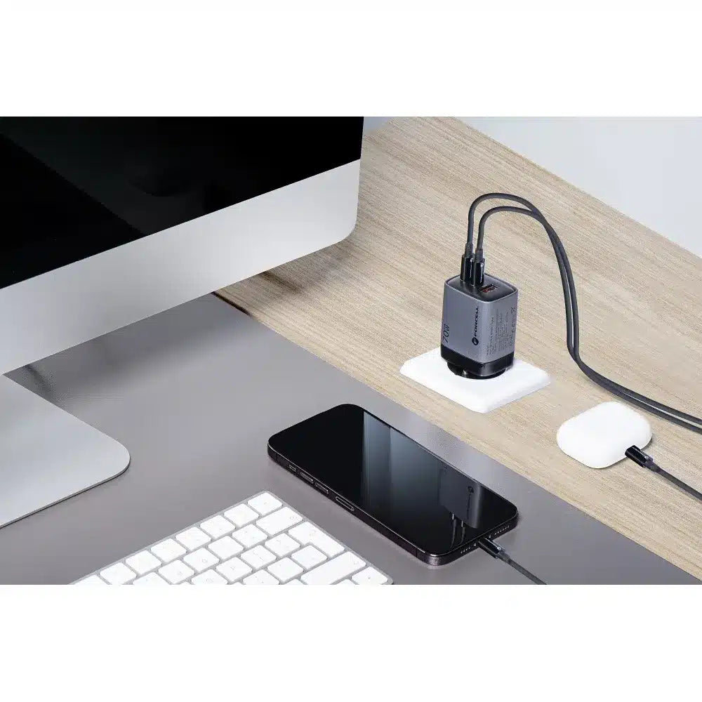 FORCELL F-ENERGY GaN III VT-37 mrežni punjač s LCD zaslonom 2 x Type C + USB A PD QC4.0 SAM SFC2.0 3.45A 70W sivi