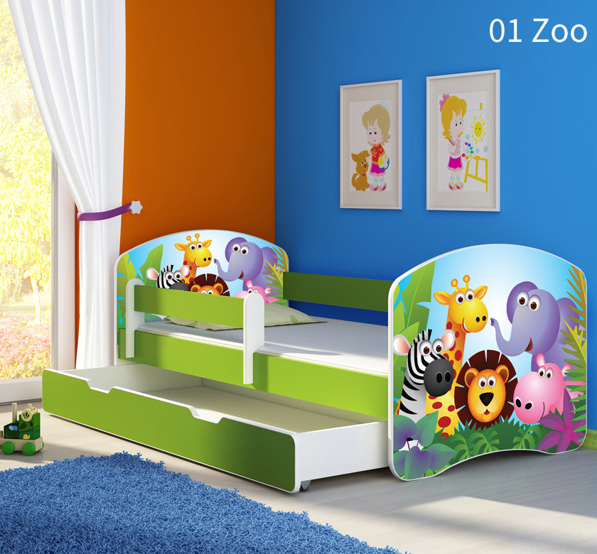 Dječji krevet ACMA s motivom, bočna zelena + ladica - 140x70 cm 01 Zoo