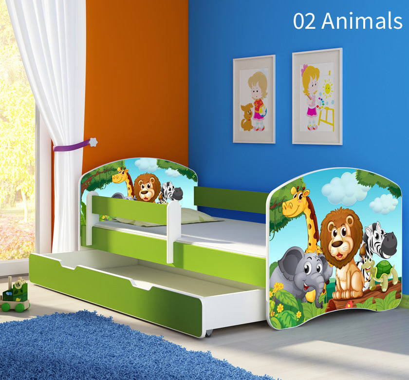 Dječji krevet ACMA s motivom, bočna zelena + ladica - 180x80 cm 02 Animals