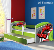 Dječji krevet ACMA s motivom, bočna zelena + ladica 140x70 cm 06 Formula 1