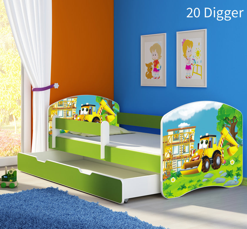 Dječji krevet ACMA s motivom, bočna zelena + ladica - 140x70 cm 20 Digger