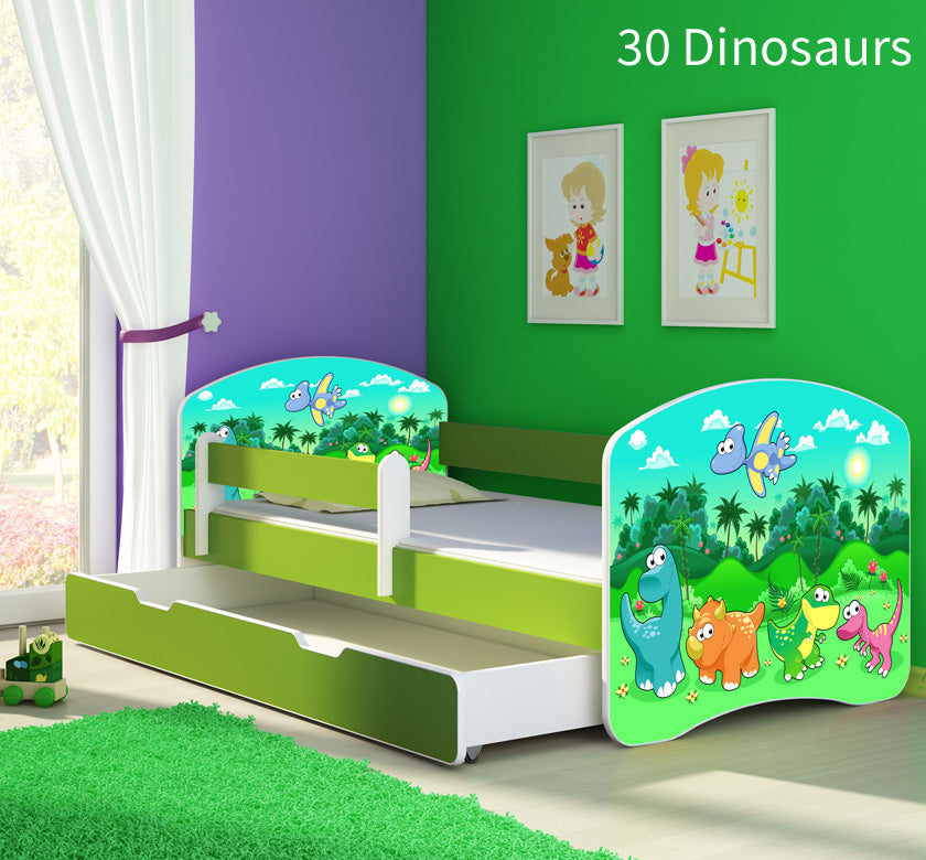 Dječji krevet ACMA s motivom, bočna zelena + ladica - 160x80 cm 30 Dinosaurs