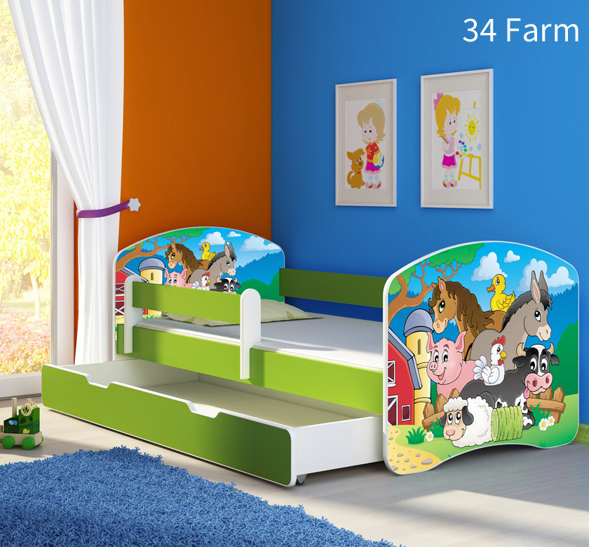 Dječji krevet ACMA s motivom, bočna zelena + ladica - 160x80 cm 34 Farm