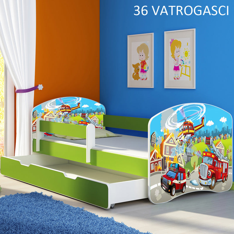 Dječji krevet ACMA s motivom, bočna zelena + ladica - 180x80 cm 36 Vatrogasci