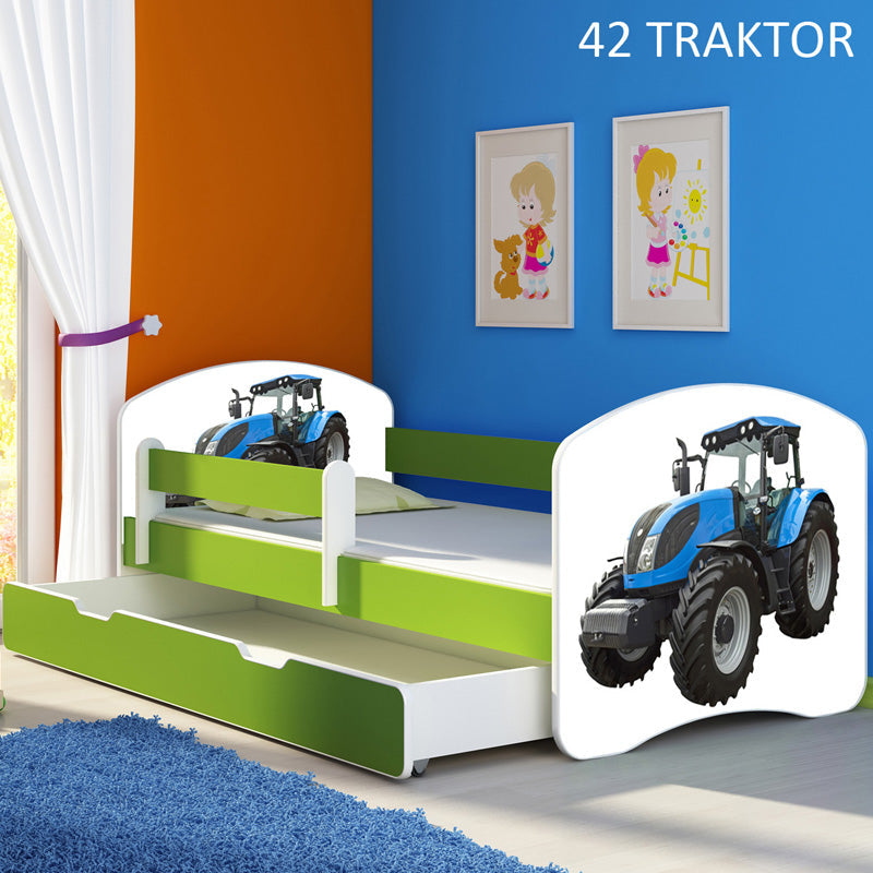 Dječji krevet ACMA s motivom, bočna zelena + ladica - 180x80 cm 42 Traktor