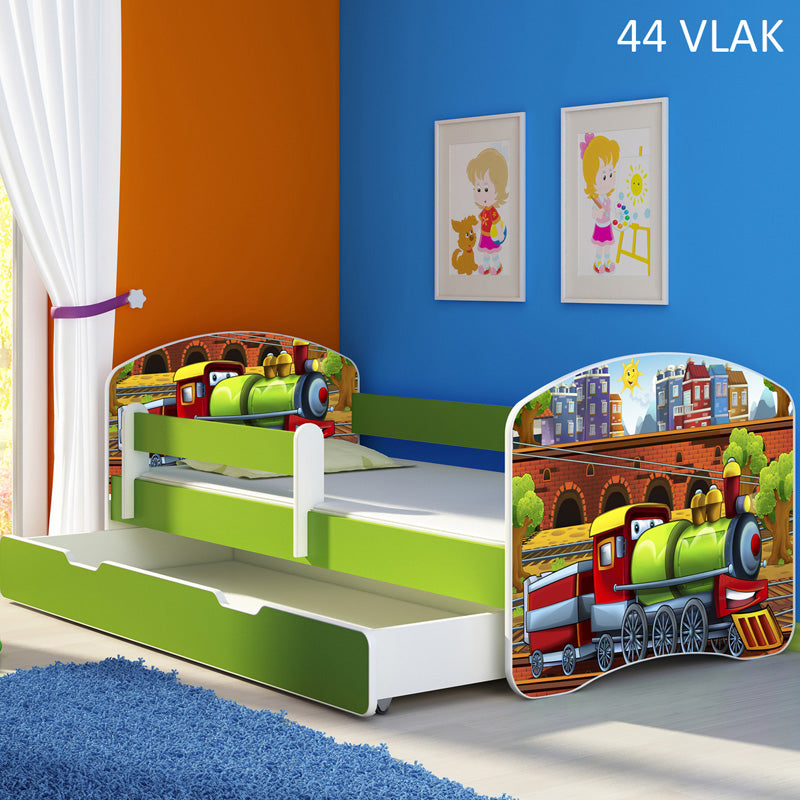 Dječji krevet ACMA s motivom, bočna zelena + ladica - 180x80 cm 44 Vlak