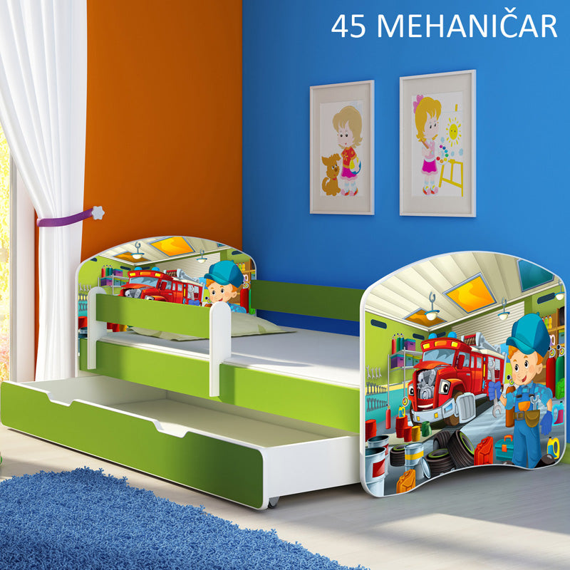 Dječji krevet ACMA s motivom, bočna zelena + ladica - 180x80 cm 45 Mehaničar