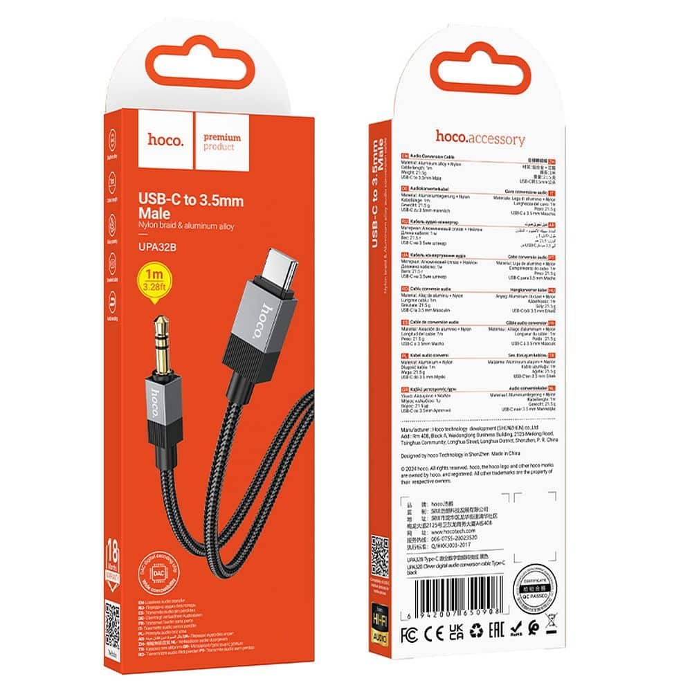 Audio AUX kabel Jack 3.5 mm (muški) na USB C (muški) Hoco 1 m UPA32B crni