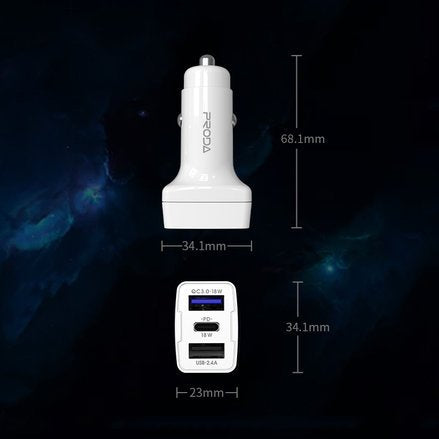 Auto punjač Power Delivery Quick Charge 3.0 18 W 2 x USB / USB Type- C