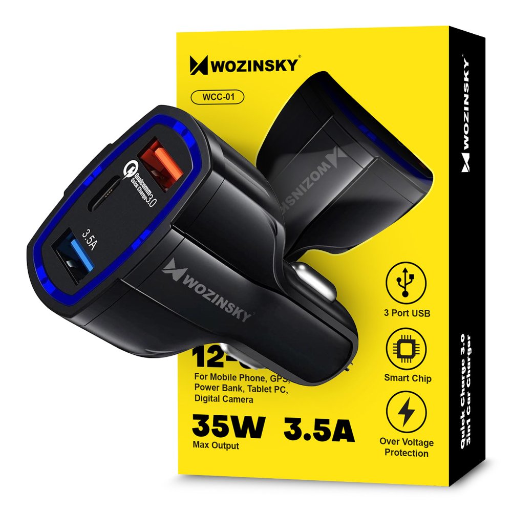 Auto punjač Quick Charge 3.0 / 2 x USB + USB Type-C izlazi 7A