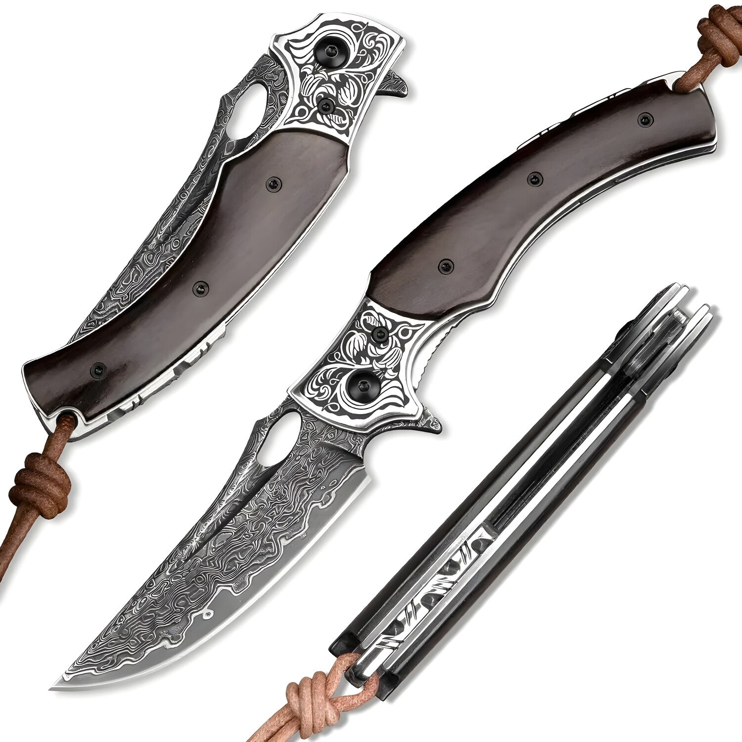 Damaščanski lovački sklopivi nož HARAHU NI-26664 - Tamno Smeđa KP26664
