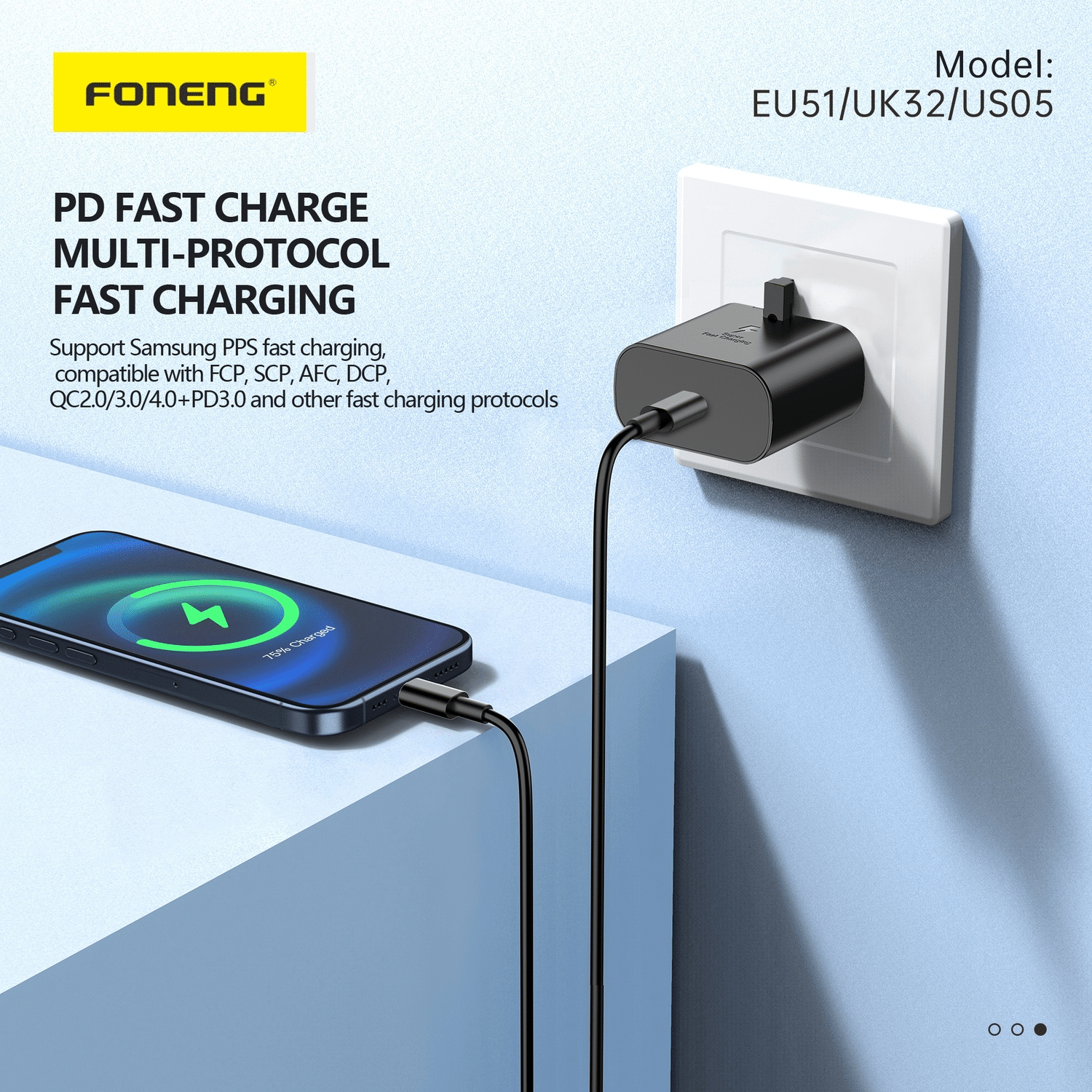 Foneng EU51 GaN zidni punjač - Type - C - PD 25 W s kabelom tipa C na tip C - crni